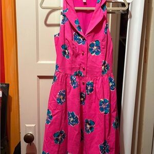 Lilly Pulitzer Bright Pink floral, collared, sleeveless fit & flare design dress